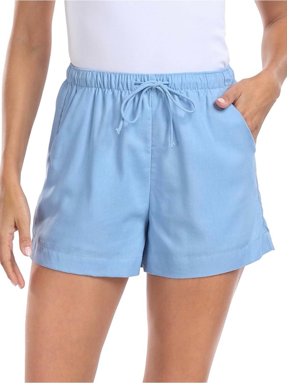 HDE Women's Linen Drawstring Shorts M Blue Casual Elastic Waist Lightweight